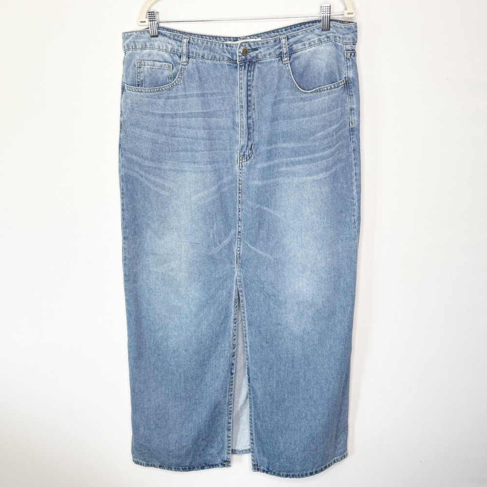 RM Rebecca Minkoff Denim Maxi Skirt Front Slit Blue Womens Size 14 Light Wash